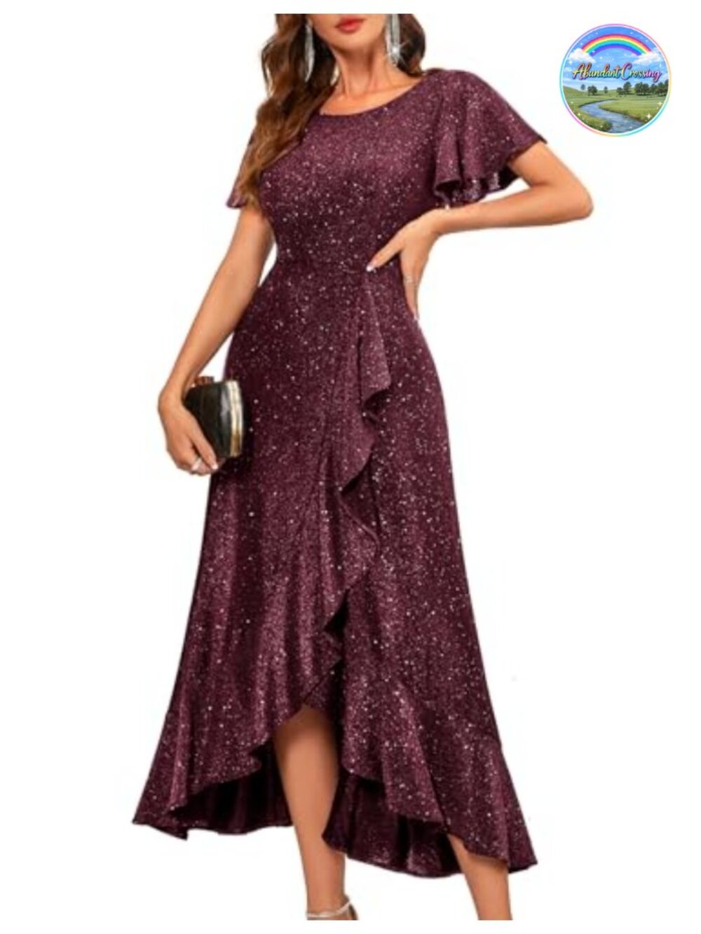 BeryLove Womens Sequin High-Low Formal Dress Flutter Sleeve Wedding Guest